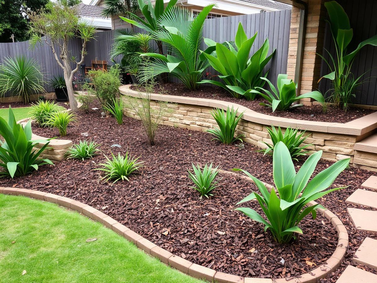 A Brisbane garden bed with sandstone retaining wall, mulch and subtropical plants