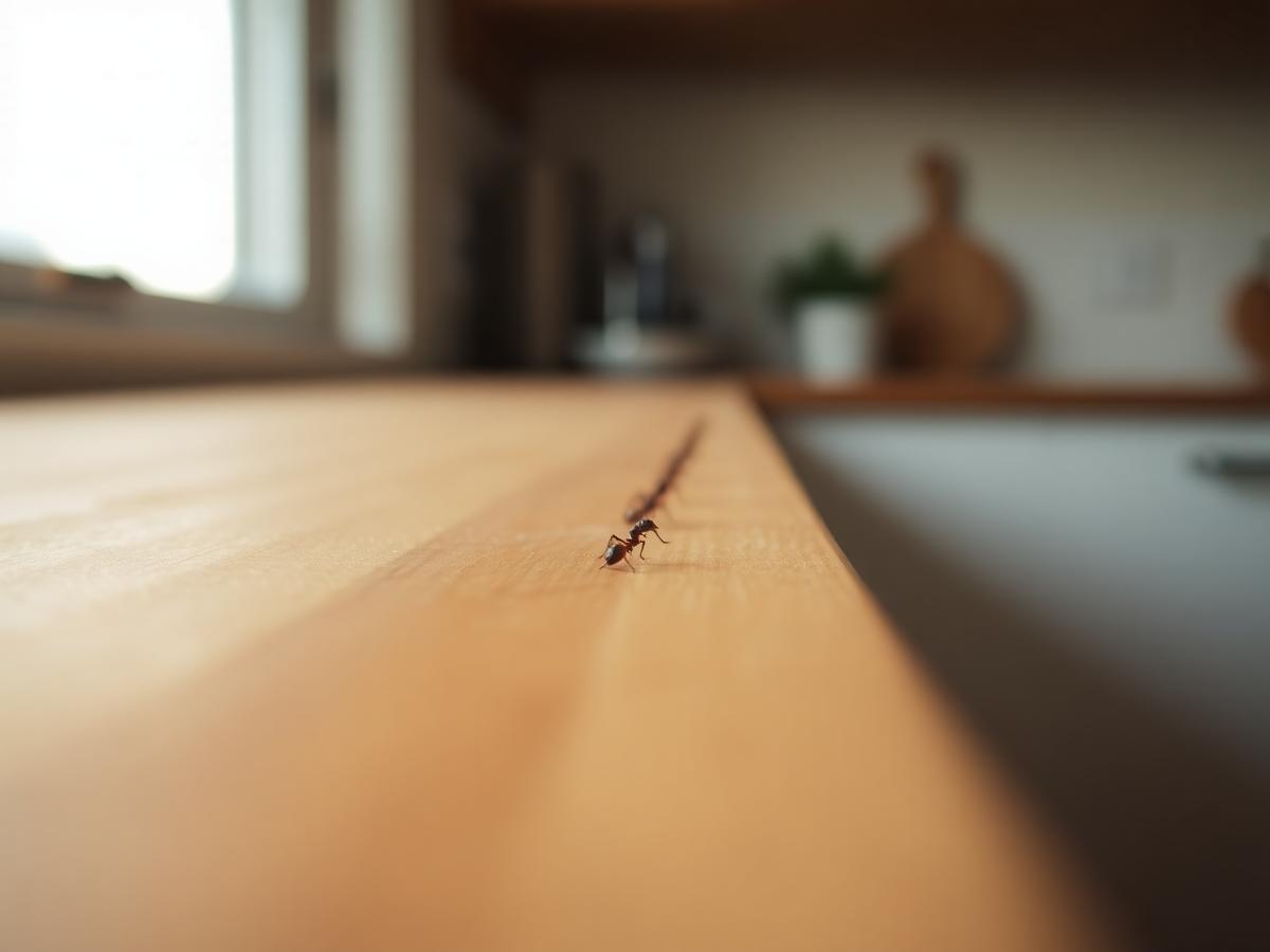 A thin trail of small sugar ants along the edge of a timber kitchen bench