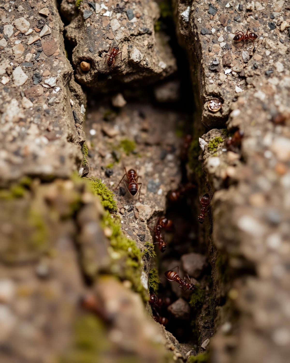 Macro view of ants emerging from a fine crack in paving
